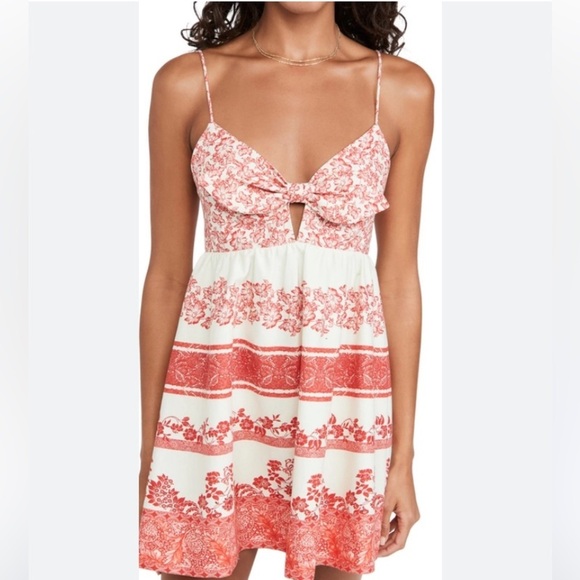 Alice + Olivia Linen Melvina Mini Dress Tie Front Block Print Red Antique White - Picture 15 of 16